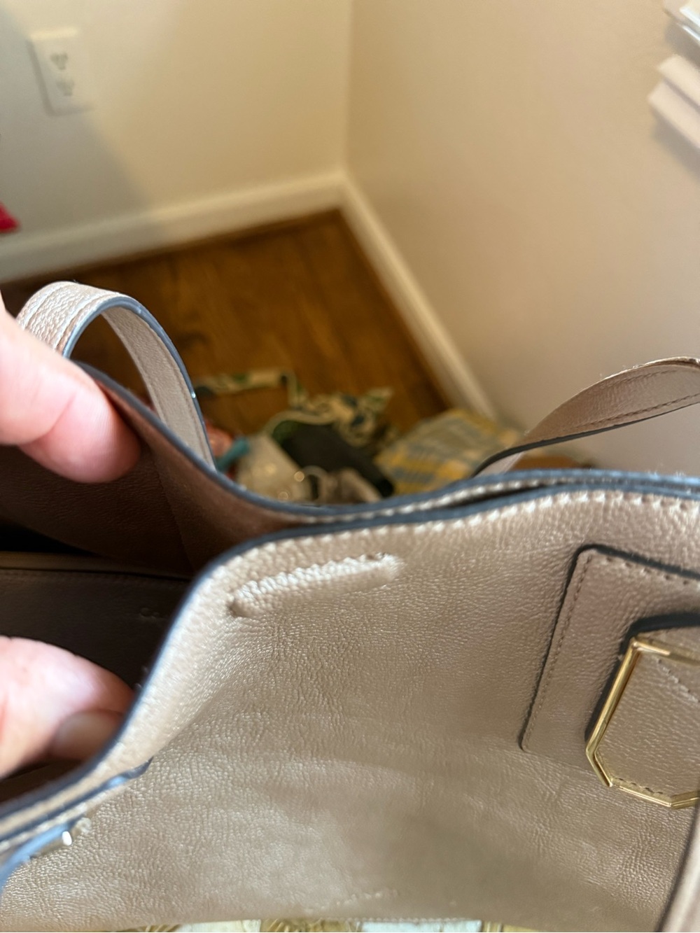 Calvin Klein Taupe Leather Shoulder Bag with Gold Accent